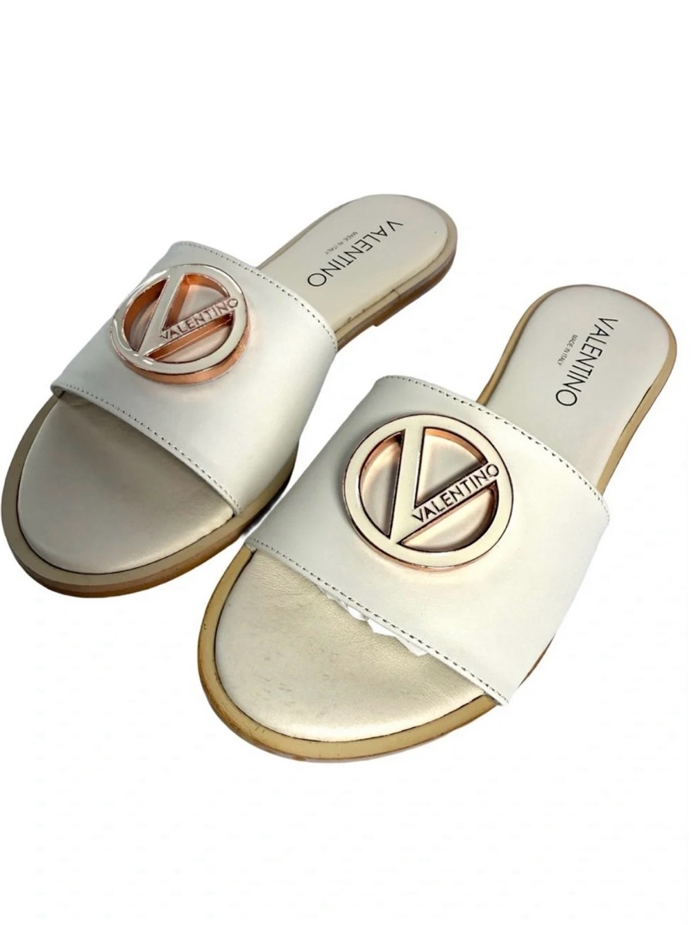 Valentino White Slide Sandals with Rose Gold Logo Medallion